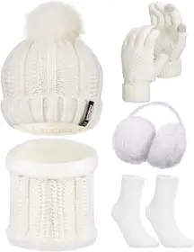 5 Pieces Women Winter Ski Outing Set, Knit Hat Scarf Gloves Earmuffs Stockings