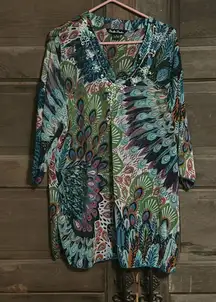 Double Decker Top Size M Sheer Tunic Beach Cover Up‎ Peacock Feathers Sequins