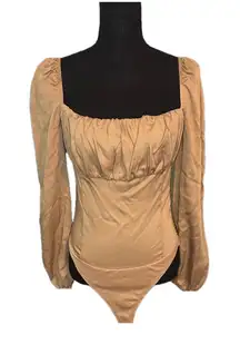 Lani the Label Tan Bodysuit | Ruched Square Neck | Balloon Sleeve | Size M
