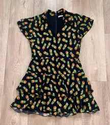 Black V neck Pineapple Print Mini Dress Romper Skort Size 10