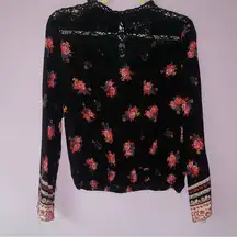 Angie Blouse L Black Floral Whimsigoth Bell Sleeve Crochet Eyelet High Neck