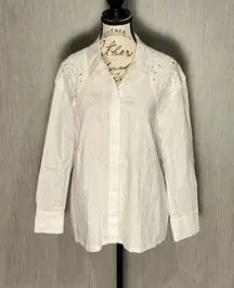 Design History 100% Cotton White Button-Up Blouse Knit Shoulder Size Large