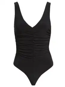 NWT LEITH Ruched V-neck Sleeveless Thong Bodysuit In Black