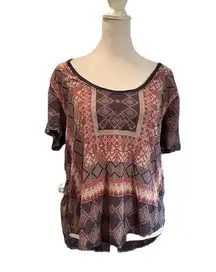 Lucky Brand Navy, Pink & Tan Aztec Print Short Sleeve T-Shirt Size Large