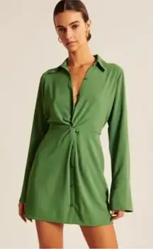 Abercrombie and Fitch Green Long-sleeve Twist-front Shirt Dress Size XS