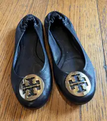 Tory Burch Reva Ballet Flats Shoes Womens Size 7.5 Black Leather Gold Logo