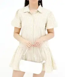 Tan and White Stripped Mini Cotton Dress Marissa Button Down