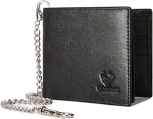 Chain Wallet for Men, Mens Wallet with Chain Genuine Leather Purse RFID Blocking Bifold Wallets for Men with ID Window (Black)