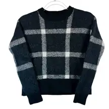 Banana Republic womens XS black white plaid‎ fuzzy wool blend crewneck pullover