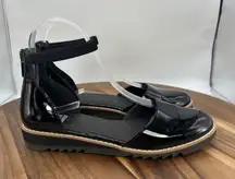 Eileen Fisher Emmet Ankle Strap Low Wedge Shoes Black Patent Leather Women's 6