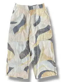 Rachel Zoe Linen Abstract Print Wide Leg Pants Elastic Waist Beige L
