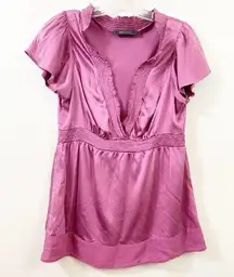 BCBGMaxazria Silk V-Neck Flutter Sleeve Short Sleeve Purple Plum Blouse