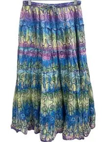 VTG 90s Jane Ashley Boho Tiered Multicolor Floral Peasant Maxi Skirt Fairy Large