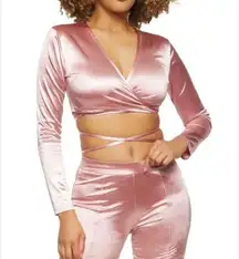 NWT! Fantastic Tie Back Waist Pink Satin Crop Wrap Top Cropped