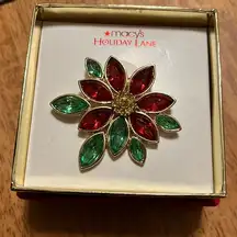 Pointsettia Red & Green Sparkly Broach New In Box NWT Macy’s Holiday Lane