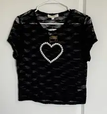 NWT Sugar Moon Black Lace Top w/ Pearl Heart Detail – Size XL