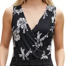 WHITE HOUSE BLACK MARKET Black Peony Sketch Mesh Faux Wrap Bodysuit NWT Small