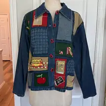 Teacher vintage patchwork denim jacket Apple math school bus