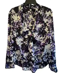 Apt9 Drape Front Floral Blouse Women Lg Short/Long VNeck Snap Front Purple
