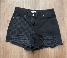 Forever 21 Black Checkerboard Ripped Denim High Waisted Shorts Size 26