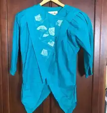 Vintage Audrey Han Teal Blouse Blazer 80s 90s Big Shoulder Pads Size Small