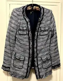 $180 White House Black Market BLUE and Silver TWEED Boucle JACKET size 2