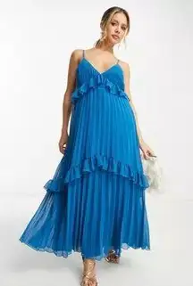 DESIGN NEW WITH TAGS NWT strappy pleated ruffle midi maxi dress with frills in blue turquoise teal