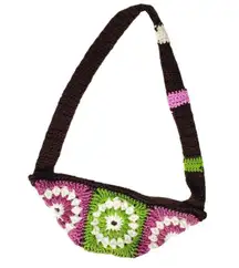 Retro Handmade Green & Pink Granny Square Floral Crochet Small Crossbody Purse