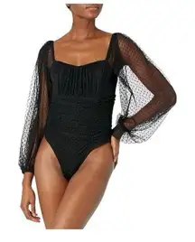 Lulus Polka Dot Mesh Bodysuit Black Women Size M  Puff Long-Sleeves Semi Sheer