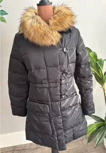 LISHIFENDI Women's Black Puffer Coat with Faux Fur Hood Size M