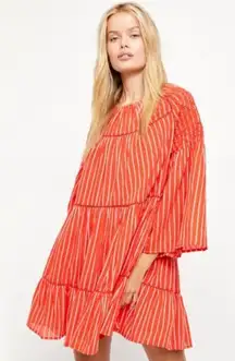 Free people Lola Tiered Babydoll Striped‎ Tassel Dress Capri orange white medium
