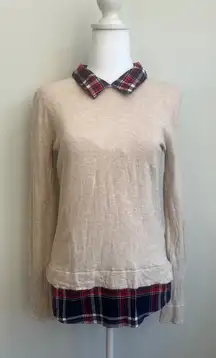 J. Crew  long sleeve shirt‎ Women's size s  Beige  with Plaid Collar & Hem