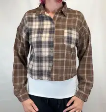 Love Notes Women's Cropped Mixed Patchwork Flannel Shirt L LG Large Brown Grey