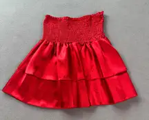 SHEIN Mini Skirt Womens Small 4 Red Satin Smocked Waist Tiered Ruffle Hem Cute