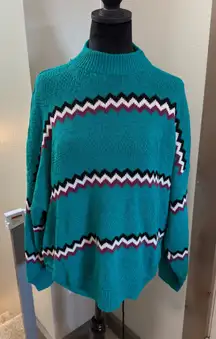 Vintage American Pride Mock Neck Turquoise Geometric‎ Stripe Knit Sweater Granny