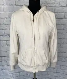 women M cream fur lined zip up hooded jacket