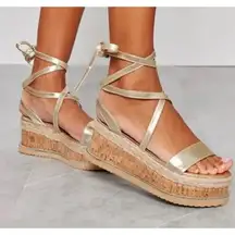 NIB Pretty Little Thing Sandals Espadrille Lace Up Platform Gold 5 Party Event