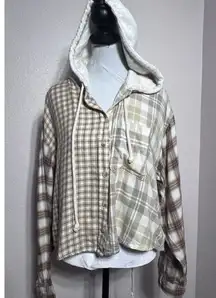 American Eagle Cropped Hooded Farmcore Plaid Brown Tan Flannel Shirt Size L