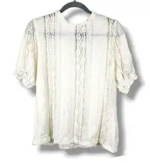 Mango MNG Cream Lace Semi-sheer Ruffles Top Blouse  Back Key Hole Size S