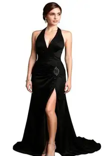 Whimsigoth Black Satin Halter Gown Gothic Witchycore Beaded Slit Corset Formal S