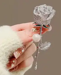 Elegant Silver long stem Rose Brooch with Pearl Accent