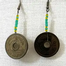 Green beaded Chinese coin earrings