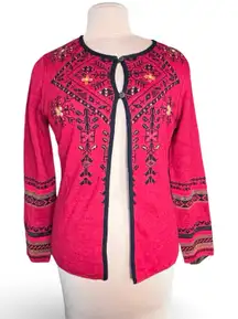 Tey Art Hand Made Peru Alpaca Blend Embroidered Knit Cardigan Bright Cherry Red