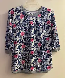 Cuddl Duds Womens Pajama Top Shirt XS 36” Fleece Floral Print Blue Pink White