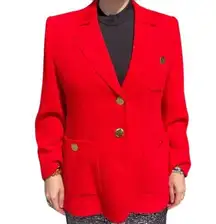 Vintage Yves Saint Laurent Red Blazer Gold Buttons Sz 14 100% Wool Shoulder Pads