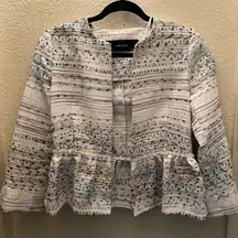 COPY - Zara White Multi Metallic Thread Peplum Ruffle Hem Open Jacket size S