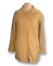 Denim & Co Cardigan Sweater Tan Cable Knit Zipper Front Cowl Neck Fleece Lined