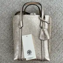 Tory Burch  Mini Perry Metallic Leather Tote WHITE GOLD