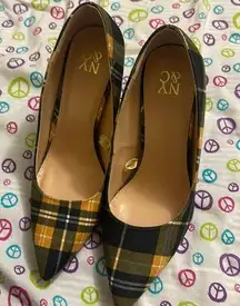 Ny&C Heels in Checkered Yellow and Black Stripes.