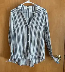 Bella Dahl M Stripe V Neck Button Down Gauze Shirt Blue White‎ Stripe Cotton